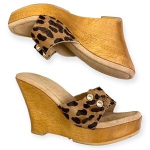 Bridget Glitz Wood Platform Sandals Animal Print Rhinestones Leather Shoes Sz 8